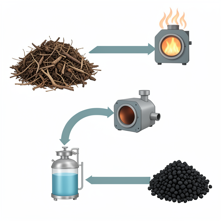 AI-generated conceptual illustration (organic biomass and biochar). It explains the idea and does not show study data.