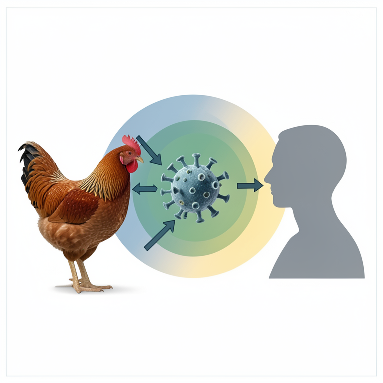 AI-generated conceptual illustration (domestic chickens and human silhouettes). It explains the idea and does not show study data.