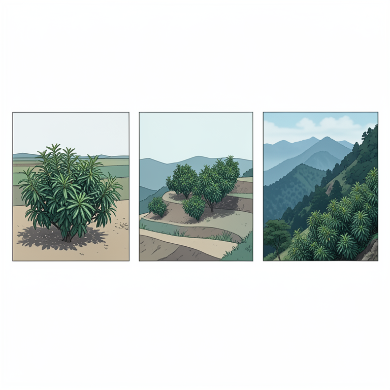 AI-generated conceptual illustration (Nepal cardamom (Amomum subulatum Roxb.) plants in three different Himalayan terrain types). It explains the idea and does not show study data.