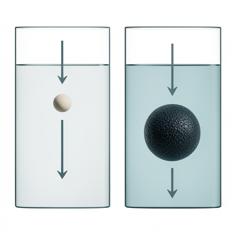 AI-generated conceptual illustration (spherical particles falling in a Newtonian fluid). It explains the idea and does not show study data.