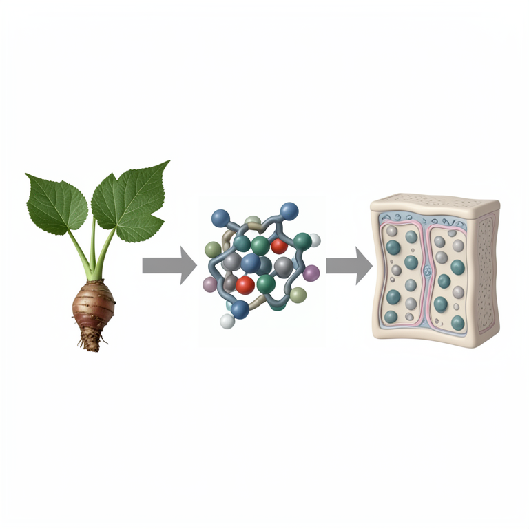 AI-generated conceptual illustration (Drynaria quercifolia leaves and Curcuma aeruginosa rhizomes). It explains the idea and does not show study data.