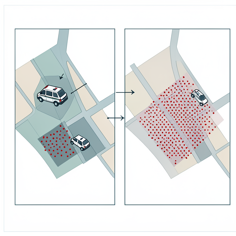 AI-generated conceptual illustration (city street maps with emergency vehicle icons). It explains the idea and does not show study data.