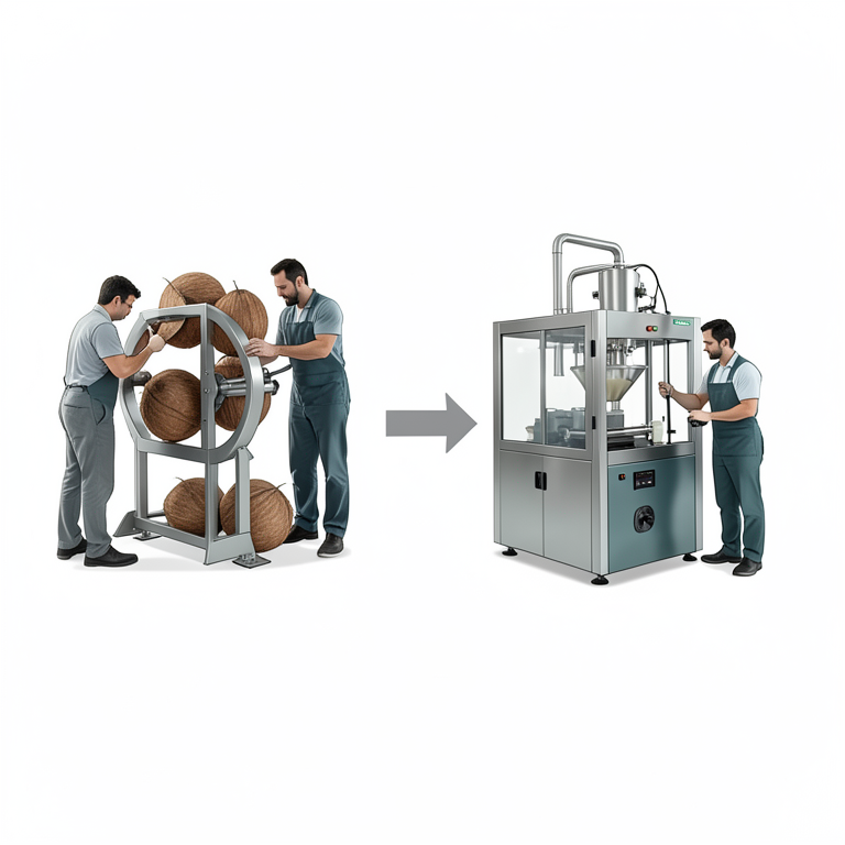 AI-generated conceptual illustration (coconut milk extraction machinery). It explains the idea and does not show study data.