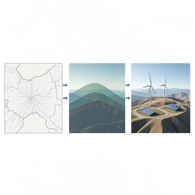 AI-generated conceptual illustration (Anatolian highland plateau landscape with renewable energy infrastructure). It explains the idea and does not show study data.