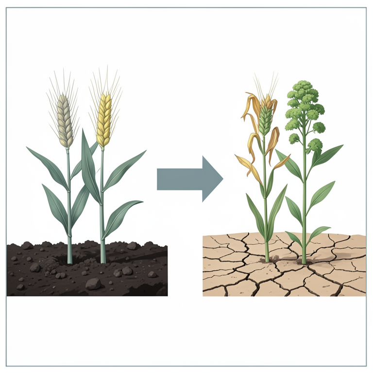 AI-generated conceptual illustration (wheat plants (Triticum aestivum) and mustard plants (Brassica campestris)). It explains the idea and does not show study data.