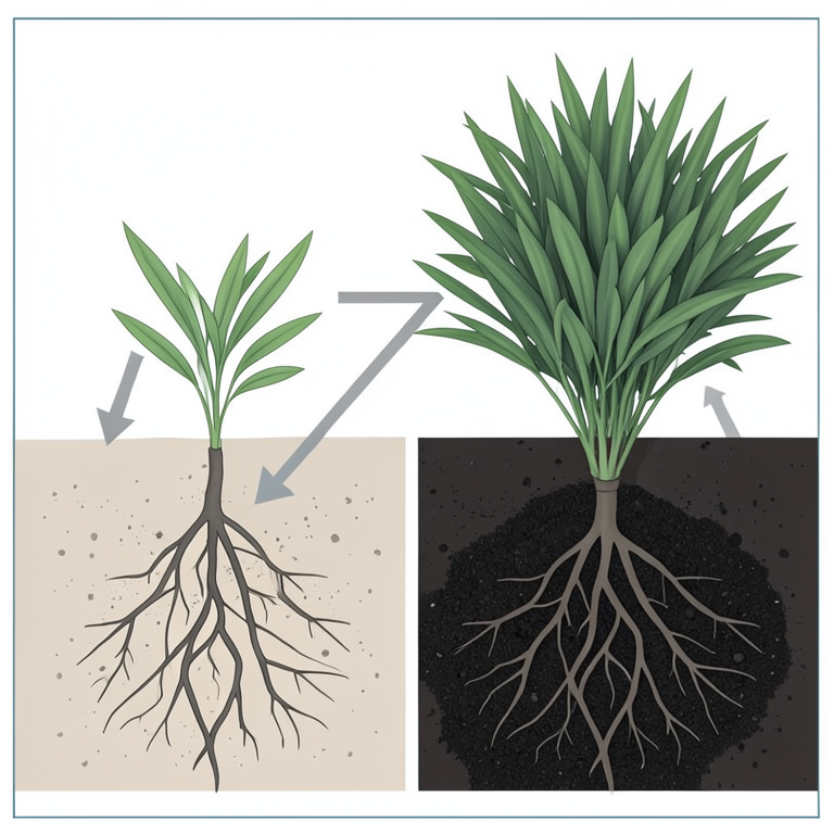 AI-generated conceptual illustration (Posidonia oceanica seagrass plants in marine sediment). It explains the idea and does not show study data.