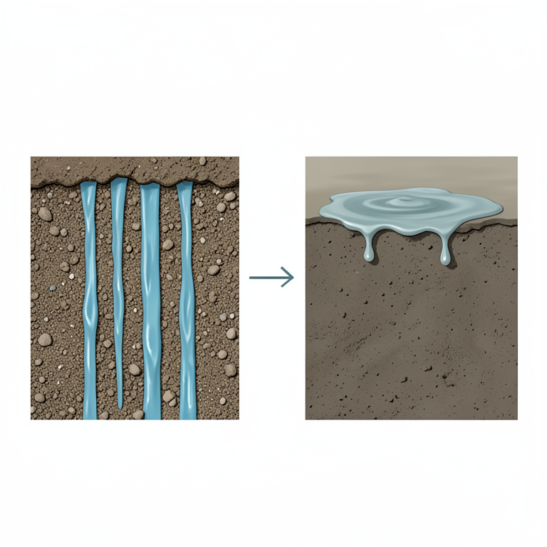 AI-generated conceptual illustration (soil profiles with water infiltration). It explains the idea and does not show study data.