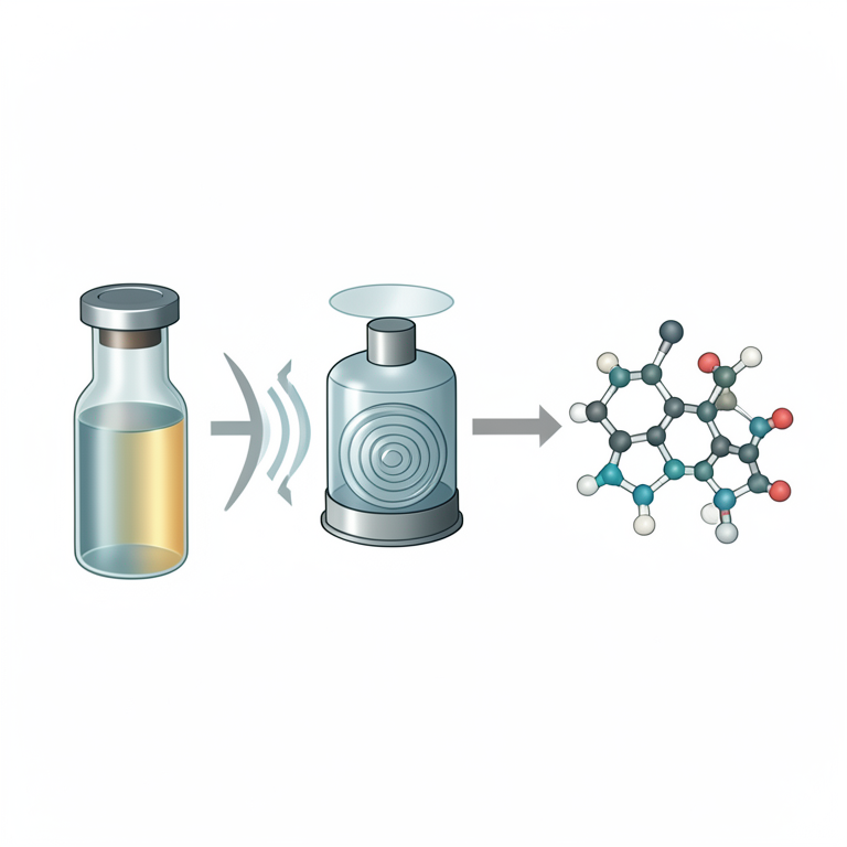 AI-generated conceptual illustration (chemical reactants in a glass vial inside a laboratory microwave reactor). It explains the idea and does not show study data.