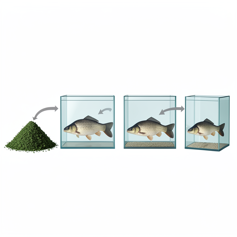 AI-generated conceptual illustration (Common carp (Cyprinus carpio) and Azolla pinnata powder). It explains the idea and does not show study data.