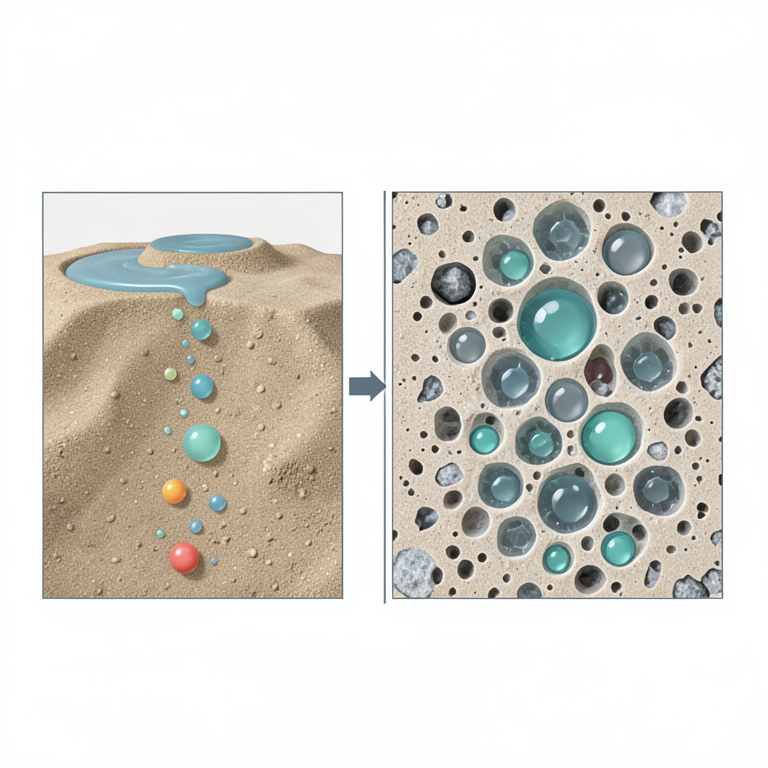 AI-generated conceptual illustration (Zeolite mineral particles in sandy soil). It explains the idea and does not show study data.