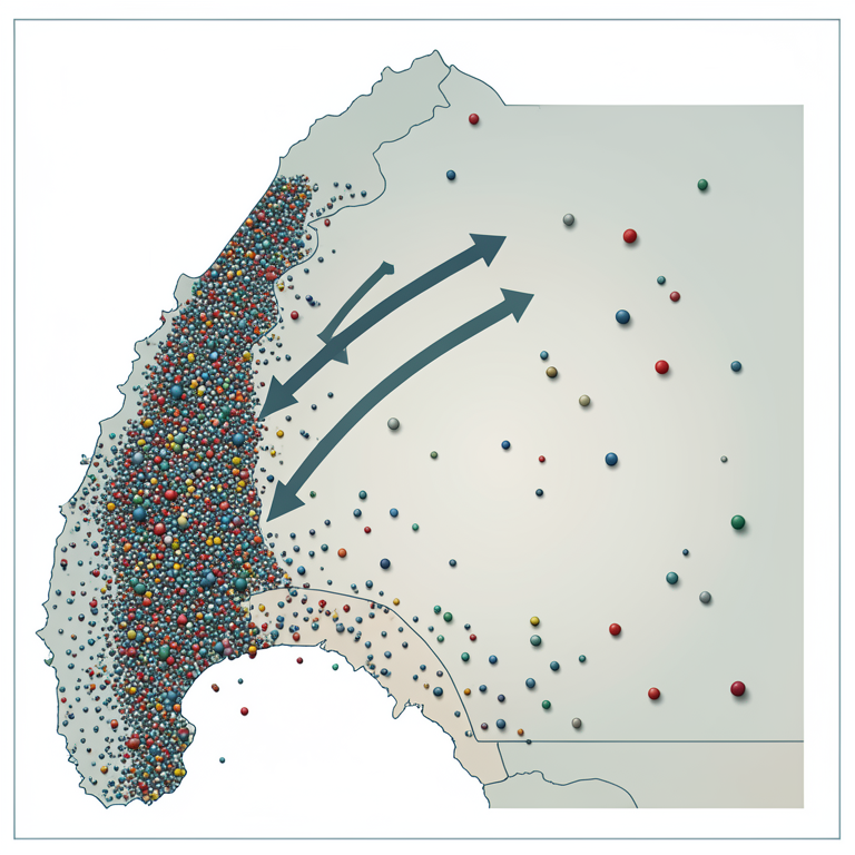 AI-generated conceptual illustration (A geographical map of a coastal region and its adjacent inland interior). It explains the idea and does not show study data.