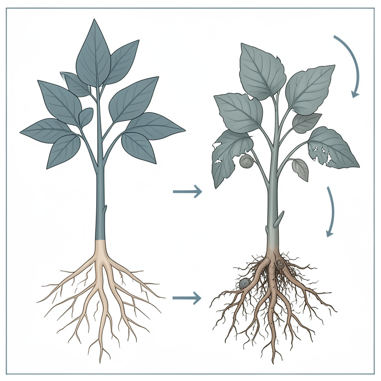 AI-generated conceptual illustration (Chickpea plants (Cicer arietinum) and Fusarium oxysporum f. sp. ciceris fungus). It explains the idea and does not show study data.