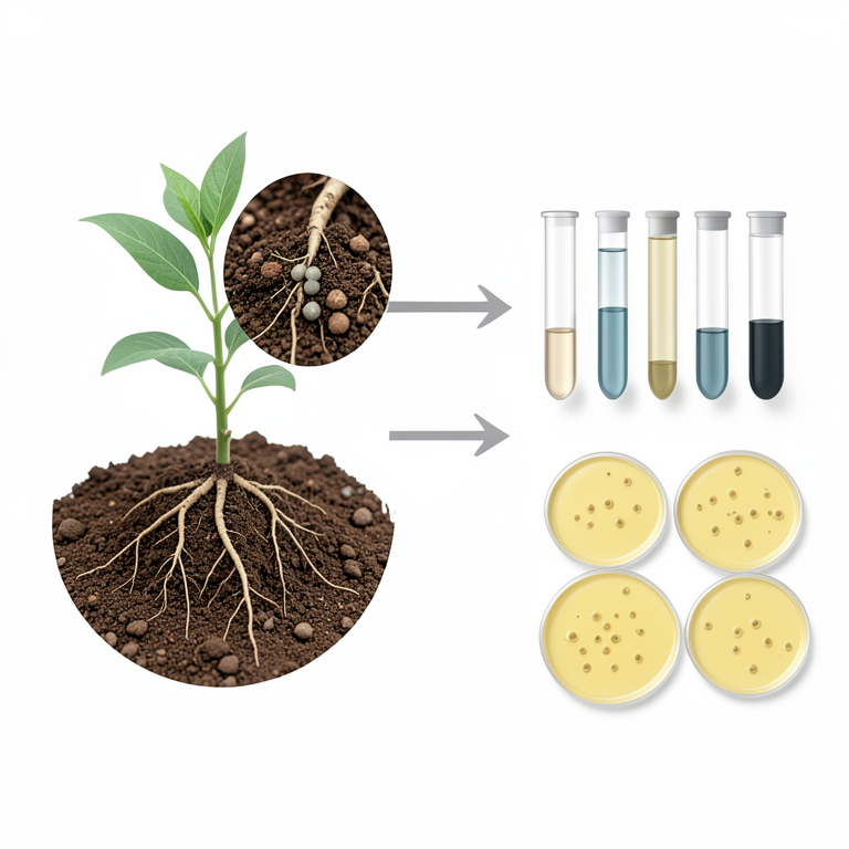 AI-generated conceptual illustration (Vicia faba L. (faba bean) plants and rhizospheric soil). It explains the idea and does not show study data.