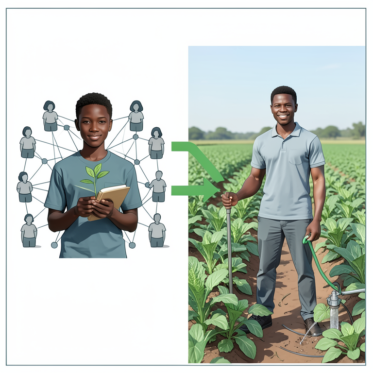 AI-generated conceptual illustration (Gambian agricultural students and farming tools). It explains the idea and does not show study data.