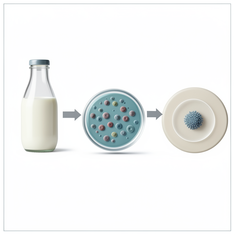 AI-generated conceptual illustration (raw cow milk and E. coli bacteria). It explains the idea and does not show study data.
