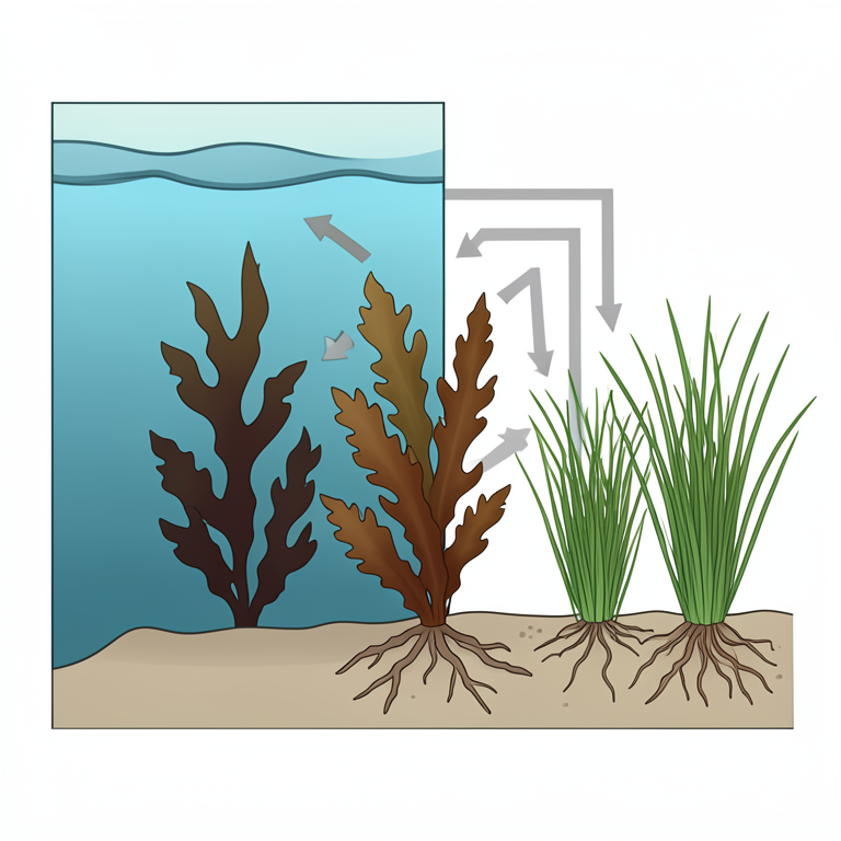 AI-generated conceptual illustration (Brown algae (Cystoseira barbata) and eelgrass (Zostera marina) in seawater). It explains the idea and does not show study data.