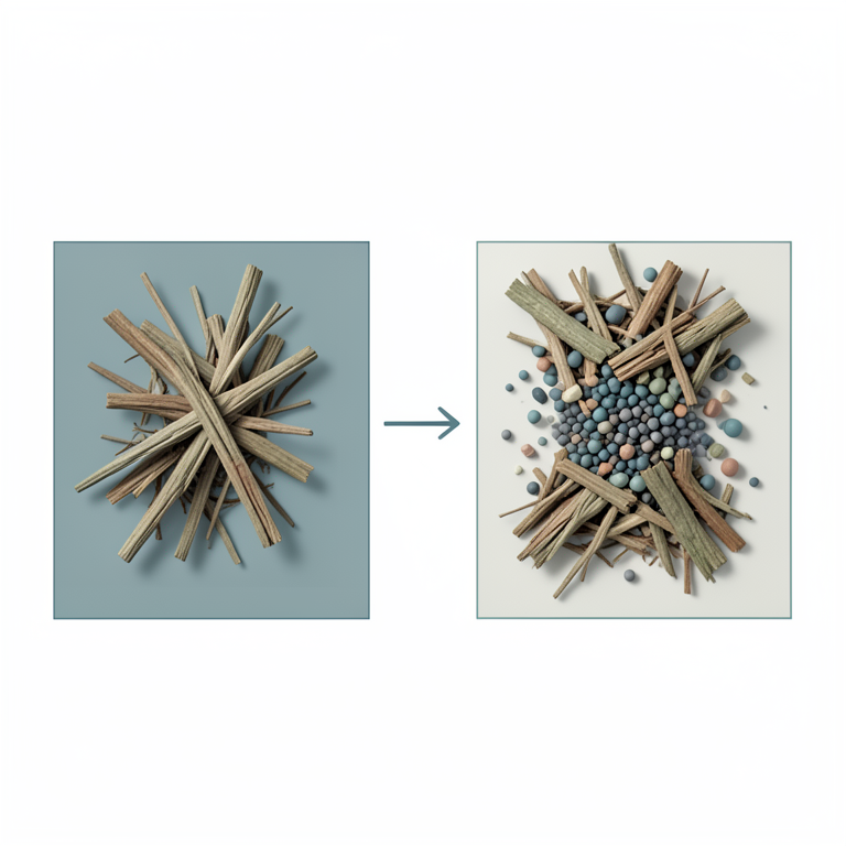 AI-generated conceptual illustration (lignocellulosic biomass and a heterogeneous catalyst in a chemical reactor). It explains the idea and does not show study data.