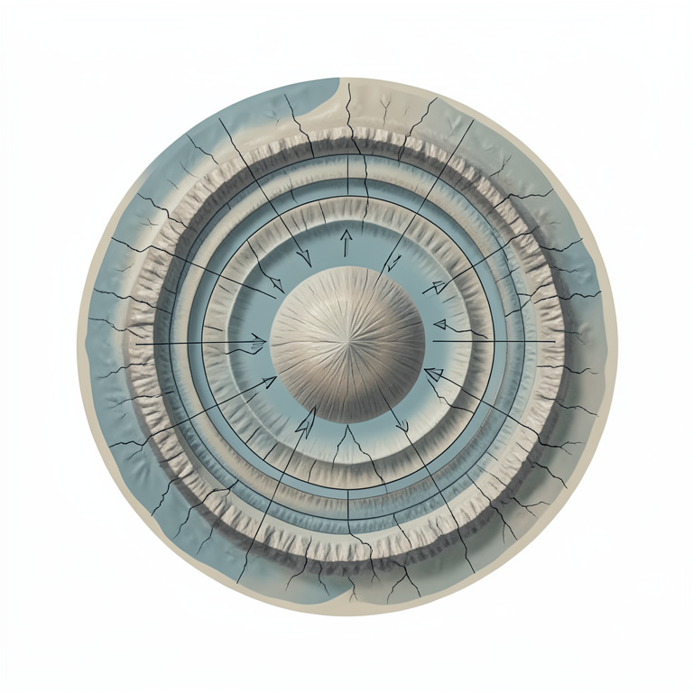 AI-generated conceptual illustration (The Vredefort impact crater structure). It explains the idea and does not show study data.