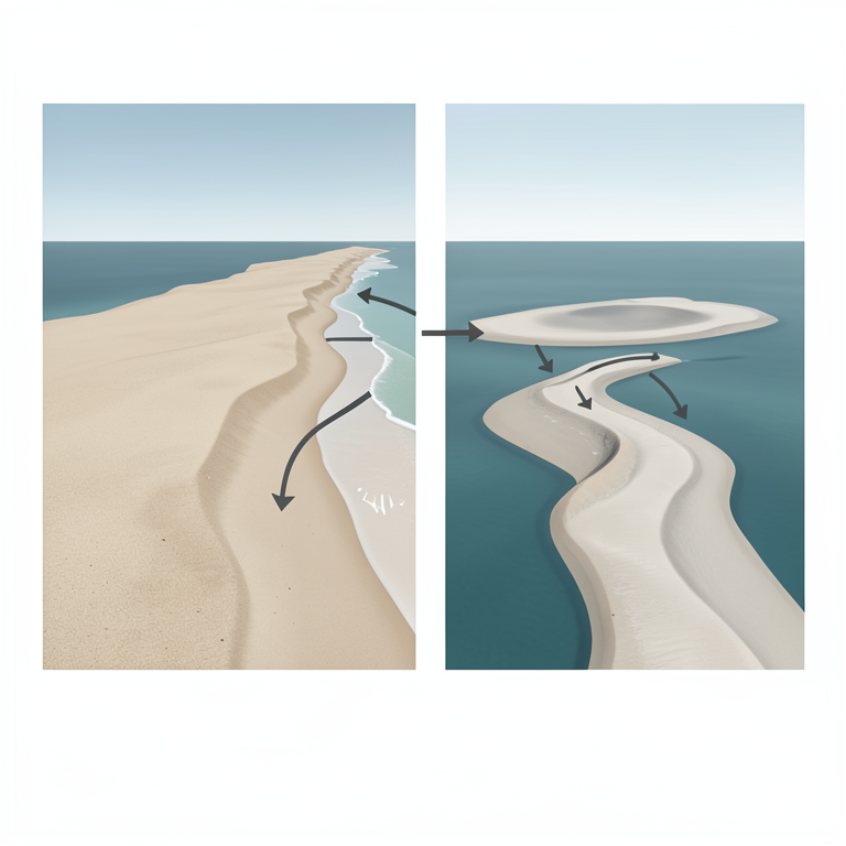 AI-generated conceptual illustration (a sandy coastline with offshore sandbars). It explains the idea and does not show study data.