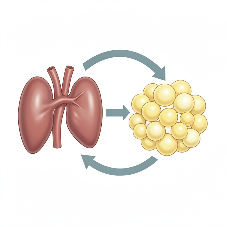 AI-generated conceptual illustration (Human thyroid gland and white adipose tissue). It explains the idea and does not show study data.