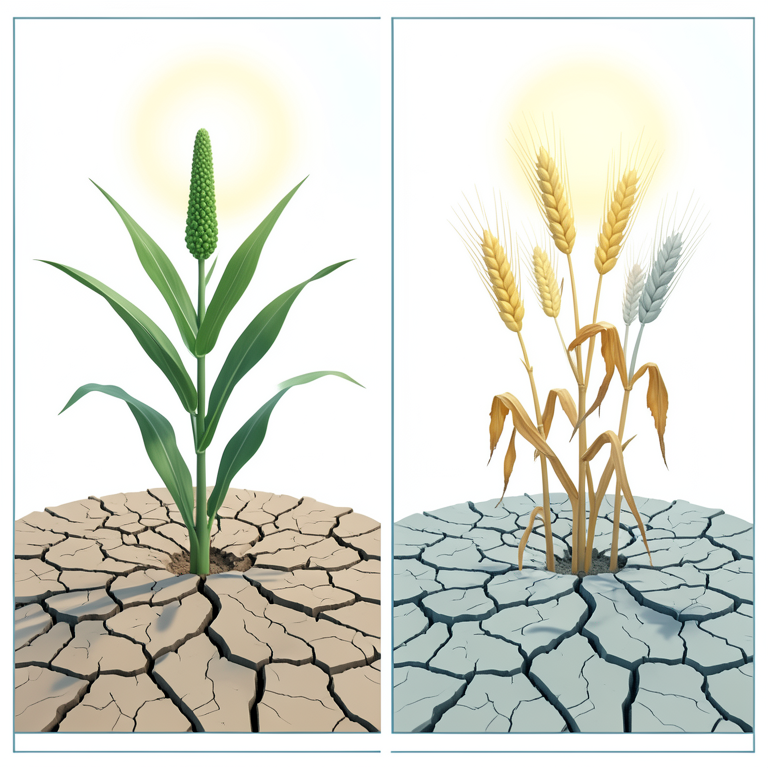 AI-generated conceptual illustration (pearl millet and wheat plants in dryland soil). It explains the idea and does not show study data.