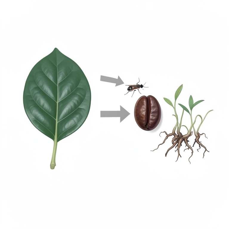 AI-generated conceptual illustration (Coffee plant leaves and seeds). It explains the idea and does not show study data.