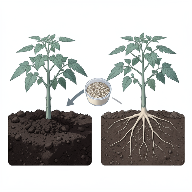 AI-generated conceptual illustration (tomato plants in garden soil and rhizospheric soil). It explains the idea and does not show study data.