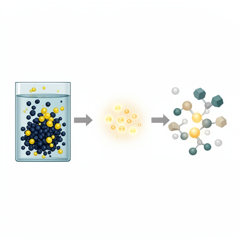 AI-generated conceptual illustration (Cobalt oxide particles, sulfur species, and methanol molecules in an alkaline aqueous solution). It explains the idea and does not show study data.