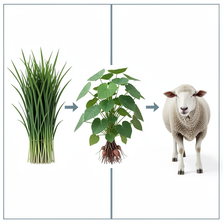 AI-generated conceptual illustration (sheep and sweet potato vines). It explains the idea and does not show study data.