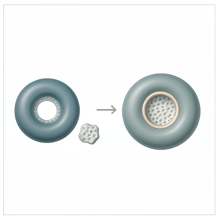 AI-generated conceptual illustration (Cyclodextrin molecules and quercetin molecules). It explains the idea and does not show study data.
