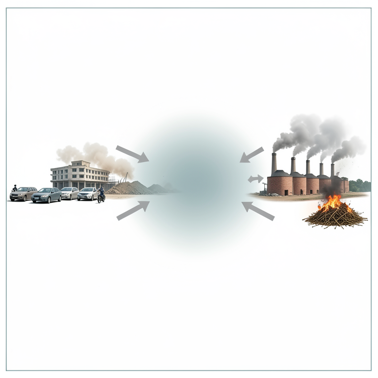 AI-generated conceptual illustration (Urban landscape of Bihar, India, featuring vehicles, construction sites, brick kilns, and biomass fires). It explains the idea and does not show study data.