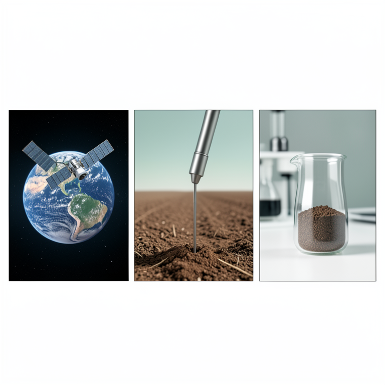 AI-generated conceptual illustration (agricultural soil and moisture measurement tools). It explains the idea and does not show study data.