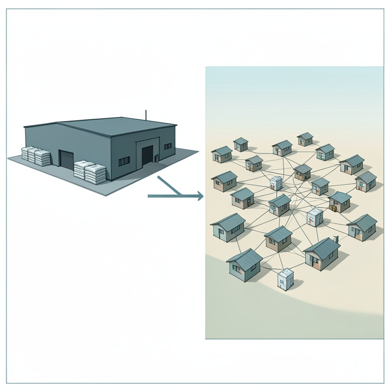AI-generated conceptual illustration (Fertilizer bags and distribution hubs in eastern Kenya). It explains the idea and does not show study data.