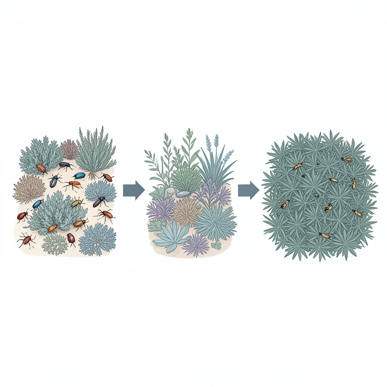 AI-generated conceptual illustration (Mediterranean shrubland with native shrubs, invasive plants, and various arthropods). It explains the idea and does not show study data.