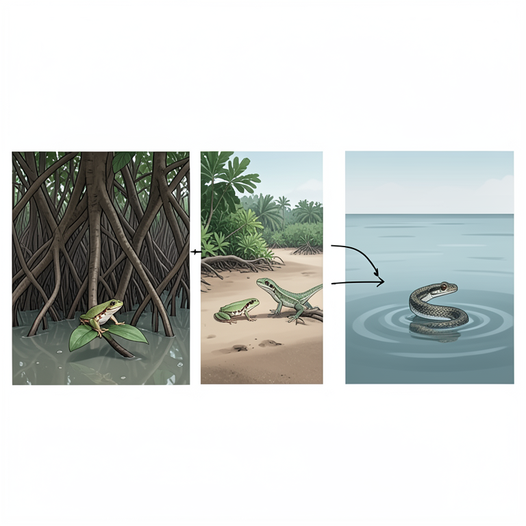 AI-generated conceptual illustration (Mangrove estuary ecosystem with frogs, lizards, and snakes). It explains the idea and does not show study data.