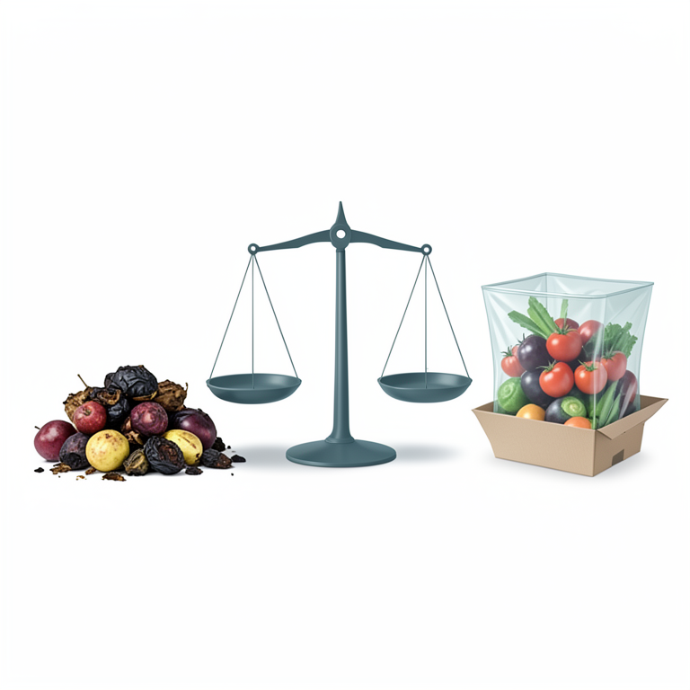 AI-generated conceptual illustration (Fresh produce and various food packaging materials). It explains the idea and does not show study data.
