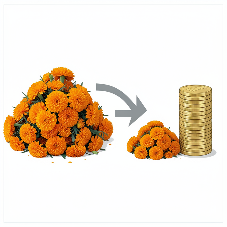 AI-generated conceptual illustration (summer marigold flowers (Variety-Seracole)). It explains the idea and does not show study data.
