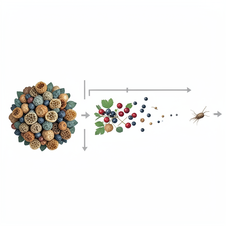 AI-generated conceptual illustration (Non-timber forest products (NTFPs) such as honey, wild berries, and medicinal roots in a forest setting). It explains the idea and does not show study data.