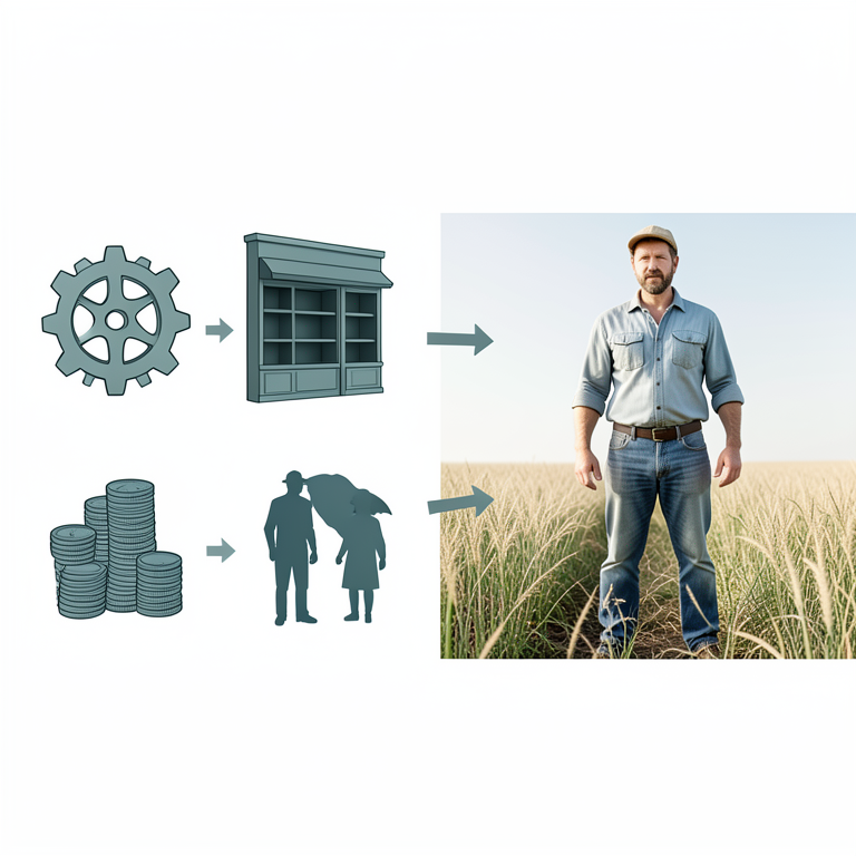 AI-generated conceptual illustration (small-scale farmers and agricultural input shops). It explains the idea and does not show study data.