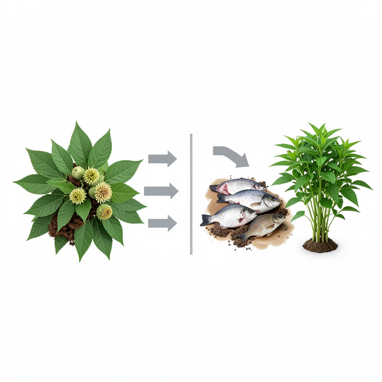 AI-generated conceptual illustration (Agricultural organic formulations using cow dung, cow urine, plants, and animal proteins). It explains the idea and does not show study data.