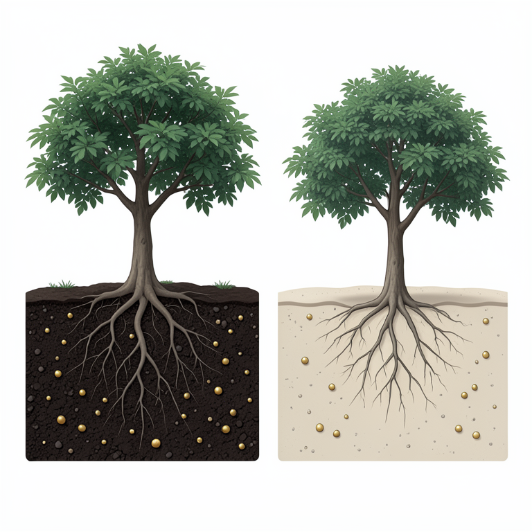 AI-generated conceptual illustration (Emblica officinalis and Azadirachta indica trees in degraded soil). It explains the idea and does not show study data.
