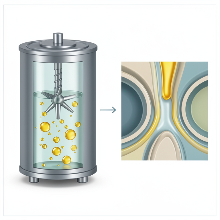 AI-generated conceptual illustration (industrial soap manufacturing equipment (stirred tank reactor and microreactor)). It explains the idea and does not show study data.