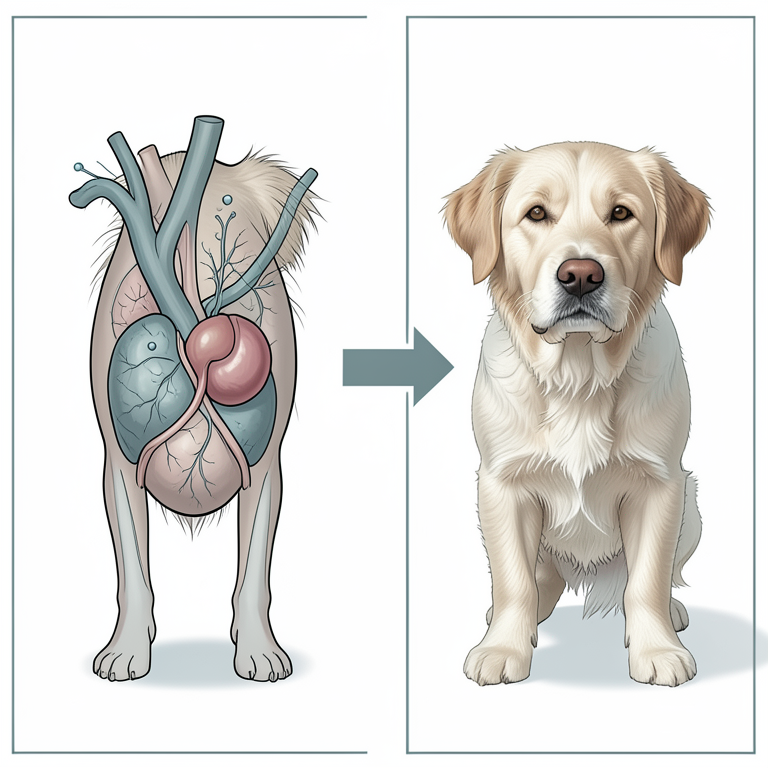 AI-generated conceptual illustration (senior dog with a testicular Sertoli cell tumor). It explains the idea and does not show study data.