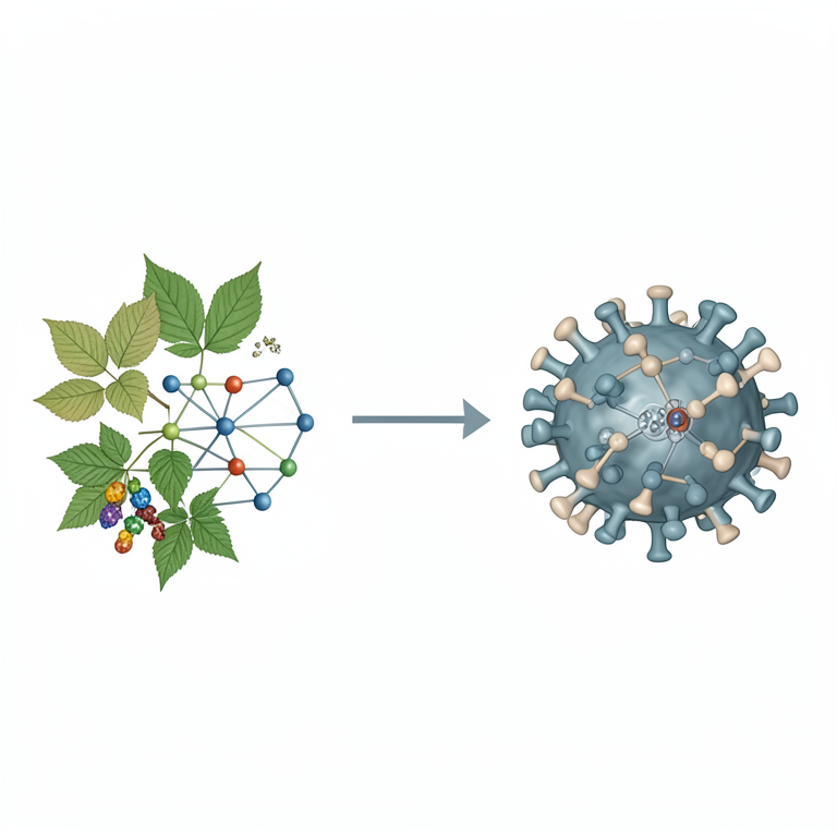 AI-generated conceptual illustration (Plant flavonoids and SARS-CoV-2 viral proteins). It explains the idea and does not show study data.