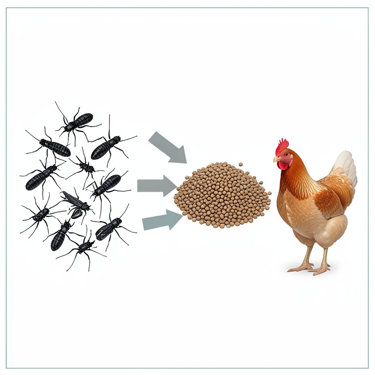 AI-generated conceptual illustration (Broiler chickens and various insects (black soldier fly larvae, crickets, grasshoppers, termites, and earthworms)). It explains the idea and does not show study data.