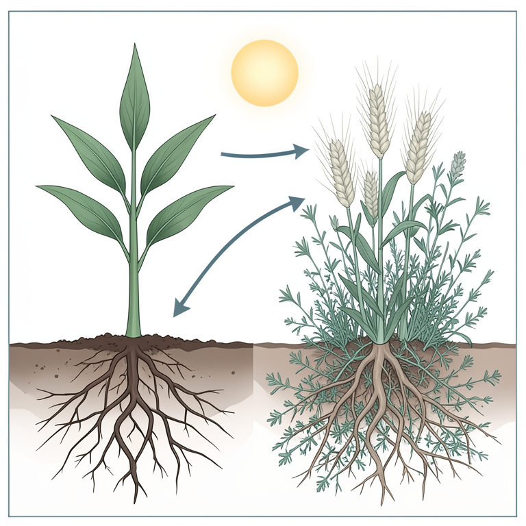 AI-generated conceptual illustration (wheat plants (Triticum aestivum L.) and common field weeds). It explains the idea and does not show study data.