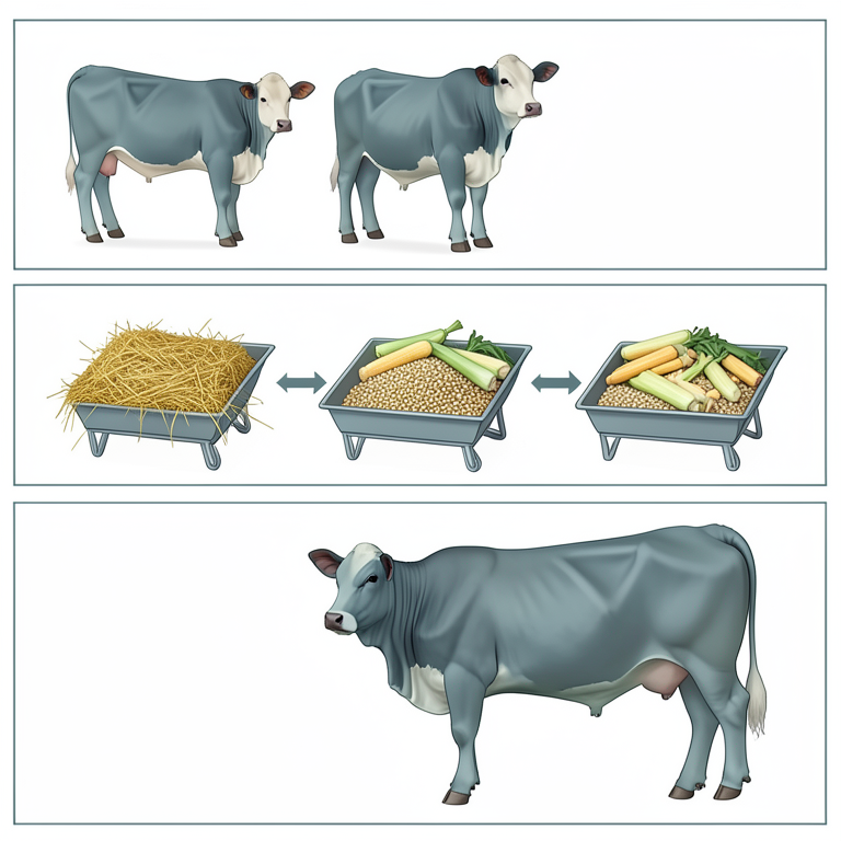 AI-generated conceptual illustration (crossbred calves and maize cobs). It explains the idea and does not show study data.