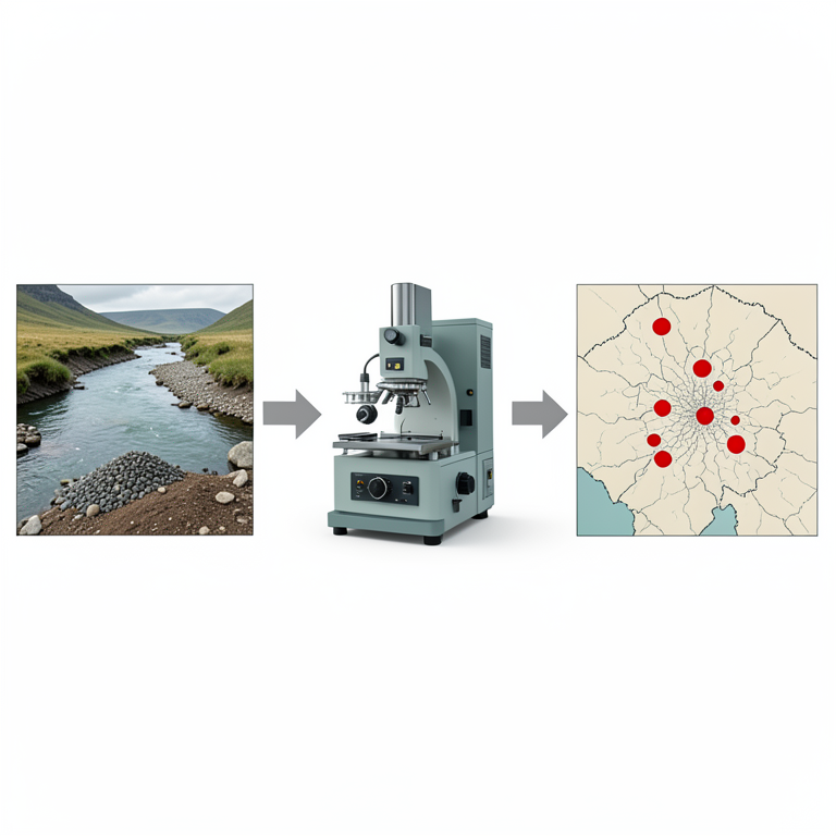 AI-generated conceptual illustration (Stream sediments and a mass spectrometer in a geological setting). It explains the idea and does not show study data.