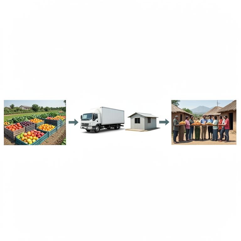AI-generated conceptual illustration (surplus fruits and vegetables, a refrigerated truck, and a rural village distribution center). It explains the idea and does not show study data.