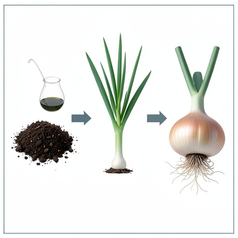 AI-generated conceptual illustration (onion plants (Allium cepa)). It explains the idea and does not show study data.